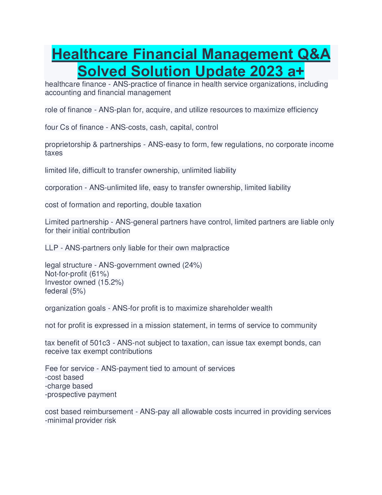 Preview image for Healthcare Financial Management Q&A  Solved Solution Update 2023 a+
